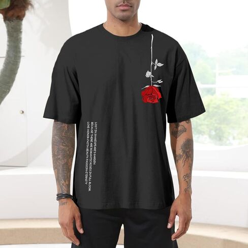 تي شيرت رجالي كبير الحجم برسومات عتيقة مطبوع عليه زهور تي شيرت رائع مصمم ملابس الشارع قميص صيفي فضفاض بياقة دائرية in Kuwait