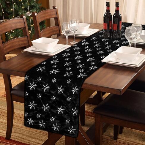 yuboo Fur Christmas Table Runner White and Silver Sequin Snowflakes, 72 inches Snow Furry Dresser Runner for Xmas Christmas Table Bed Decorations in Saudi Arabia