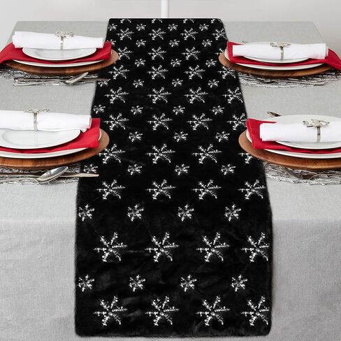yuboo Fur Christmas Table Runner White and Silver Sequin Snowflakes, 72 inches Snow Furry Dresser Runner for Xmas Christmas Table Bed Decorations in Saudi Arabia
