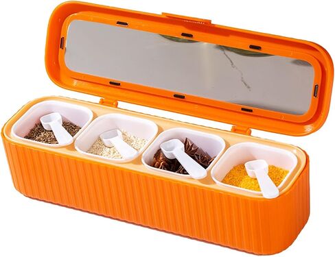 Seasoning Storage Box Sealed 4 Compartment Spice Container Set Household Storage Container Condiment Jars with Spoon for Storage Condiment Sugar Salt Pepper Kitchen Spices ﻿ in Saudi Arabia
