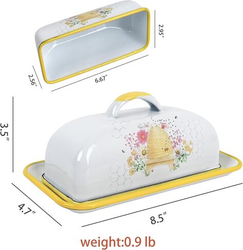 طبق زبدة المينا مع غطاء حافظة زبدة المينا العتيقة مع أنماط الزهور والطيور حاوية زبدة المزرعة حامل زبدة لديكور المطبخ على سطح الطاولة in Kuwait