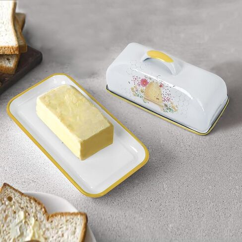 طبق زبدة المينا مع غطاء حافظة زبدة المينا العتيقة مع أنماط الزهور والطيور حاوية زبدة المزرعة حامل زبدة لديكور المطبخ على سطح الطاولة in Kuwait