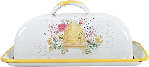 طبق زبدة المينا مع غطاء حافظة زبدة المينا العتيقة مع أنماط الزهور والطيور حاوية زبدة المزرعة حامل زبدة لديكور المطبخ على سطح الطاولة in Kuwait