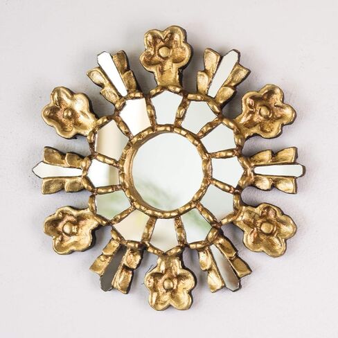 مرآة مستديرة ذهبية اللون من بيرو مقاس 7.8 بوصة لتزيين الجدران | مرآة حائط خشبية منحوتة يدويًا من بيرو مع أوراق ذهبية لغرفة المعيشة والمدخل in Kuwait