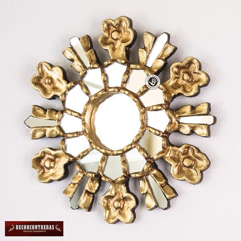 مرآة مستديرة ذهبية اللون من بيرو مقاس 7.8 بوصة لتزيين الجدران | مرآة حائط خشبية منحوتة يدويًا من بيرو مع أوراق ذهبية لغرفة المعيشة والمدخل in Kuwait