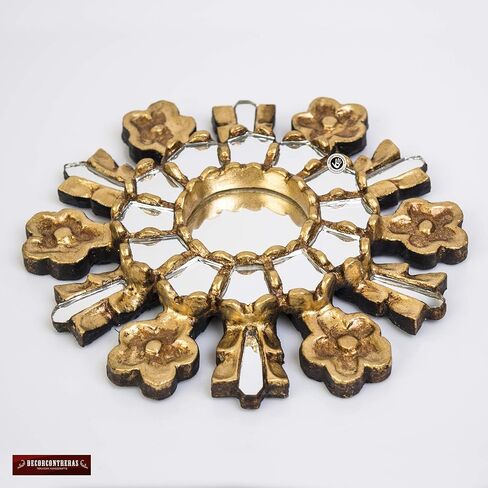 مرآة مستديرة ذهبية اللون من بيرو مقاس 7.8 بوصة لتزيين الجدران | مرآة حائط خشبية منحوتة يدويًا من بيرو مع أوراق ذهبية لغرفة المعيشة والمدخل in Kuwait