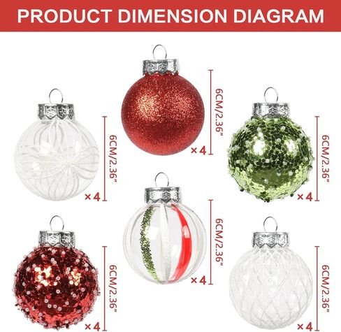 RostCaft 60MM/2.36Inch Clear Christmas Ornaments Set, 24PCS Shatterproof Christmas Ornaments Balls for Christmas Tree Hanging Decorations for Holiday Wedding Gifts Xmas Party Decor - Red/Green/White. in Saudi Arabia