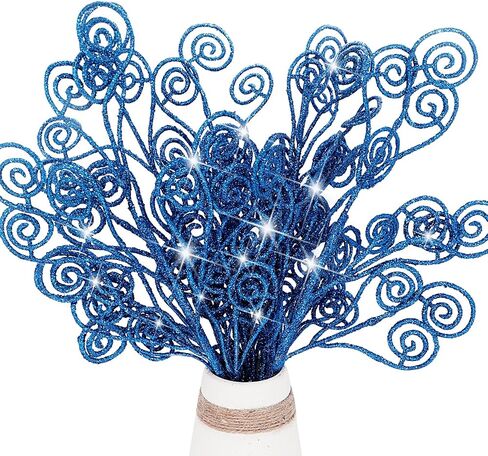 Kesywale 6PCS Artificial Glitter Stems Ornaments 17.5" Sparkly Twigs Sticks Candy Sprays Curly Picks for Christmas Tree Branches Vase Fillers Wedding Party Holiday Arrangement Decor (6, Blue) in Saudi Arabia