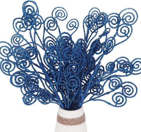 Kesywale 6PCS Artificial Glitter Stems Ornaments 17.5" Sparkly Twigs Sticks Candy Sprays Curly Picks for Christmas Tree Branches Vase Fillers Wedding Party Holiday Arrangement Decor (6, Blue) in Saudi Arabia