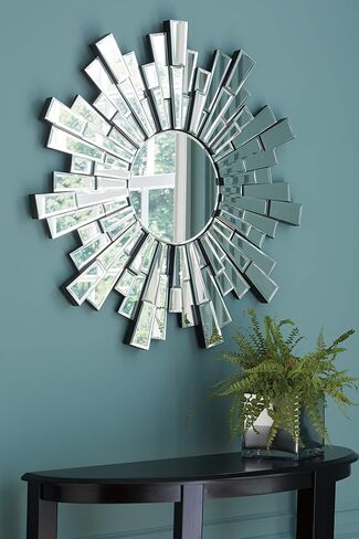Signature Design by Ashley Braylon Contemporary 32" Round Accent Mirror with Mosaic Cut Glass Design, Silver in Saudi Arabia