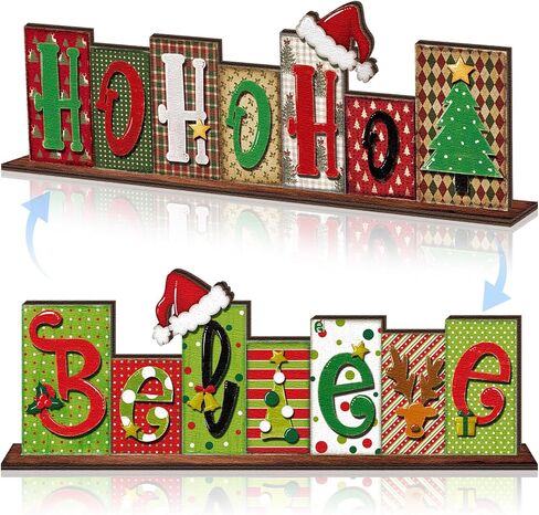 Yousoontic Believe Christmas Table Decoration Reversible Table Centerpiece Double Sided Wooden Table Top Sign Farmhouse Letter Block Sign Holiday Tiered Tray Decor for Office Desk Home Shelf Decor in Saudi Arabia