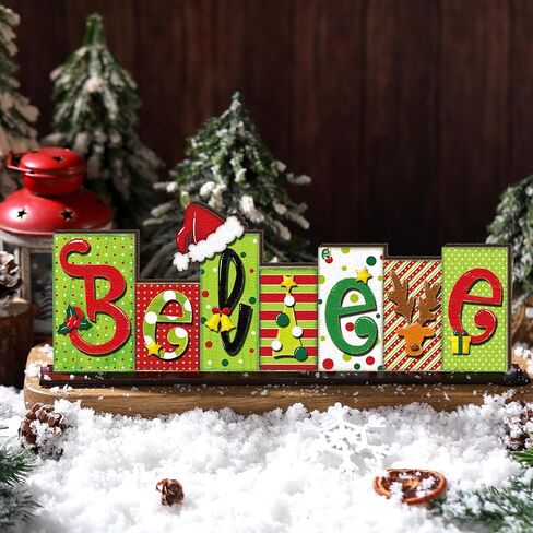 Yousoontic Believe Christmas Table Decoration Reversible Table Centerpiece Double Sided Wooden Table Top Sign Farmhouse Letter Block Sign Holiday Tiered Tray Decor for Office Desk Home Shelf Decor in Saudi Arabia