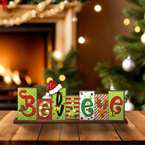 Yousoontic Believe Christmas Table Decoration Reversible Table Centerpiece Double Sided Wooden Table Top Sign Farmhouse Letter Block Sign Holiday Tiered Tray Decor for Office Desk Home Shelf Decor in Saudi Arabia
