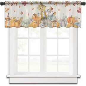 Thanksgiving Sheer Valance, 54"x18" Light Filtering Kitchen Curtain Valances, Fall Pumpkin Scarecrow Maple Leaf Burlap Chiffon Rod Pocket Living Room/Bedroom/Cafe Curtains