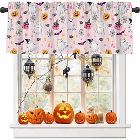 Halloween Window Curtain Valance for Kitchen Pink Ghost Halloween Valance Curtains with Rod Pocket Halloween Window Treatment Short Curtain Panels for Bedroom Living Room 54" X 18"