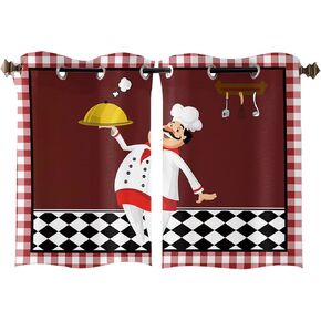 Kitchen Chef with Gourmet 2 Piece Window Curtain for Bedroom Living Room 39 Inch Long, Red Checkered White Lace Privacy Protection Drapes with Grommet Top (55" W x 39" L)