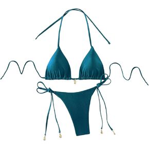 Women's 2 Piece Swimsuit Halter Triangle Ruched High Cut Bathing Suit Thong Cheeky Bikini Set