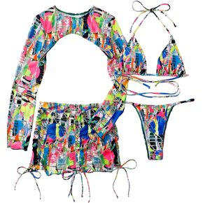 SHENHE Women's 4 Piece Allover Print Criss Cross Halter Triangle Bikini Swimsuit with Cover Ups