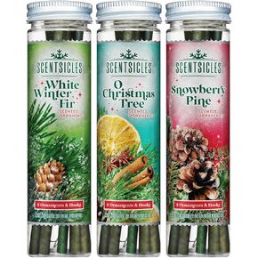 Scentsicles White Winter Fir, O Christmas Tree and Snowberry Pine Scented Ornaments Holiday Three Pack with Hooks (3 Bottles with 6 Sticks Each)