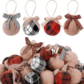 24 Pcs Buffalo Plaid Fabric Ball Ornaments- 1.6 Inch Christmas Fabric Wrapped Burlap Hanging Balls- Rustic Buffalo Check Christmas Tree Ball Decoration for Holiday Party Home Decor