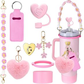 Cup Accessories Set for Stanley Cup 40oz 30oz Tumbler, Including Water Bottle Handle Strap, Silicone Spill Proof Stopper, Silicone Cup Boot, 2 Pcs Charms, Pink