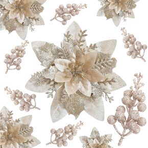 24PCS Christmas Flowers and Berries Champagne Christmas Glitter Poinsettia Flowers Artificial Berry Picks Christmas Tree Ornaments with Clips Stems for Xmas Wedding Wreath Floral Decorations
