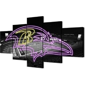 (60X100CM/5PCS) Frame Canvas Print Poster - Baltimore Inner Harbor American football Neon Ravens badge - City Landscape Wall Art for Home and Office Decor