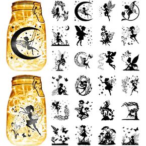 CREATCABIN 24Pcs Fairy Jar Stickers Mason Jar Cutout Decals Waterproof PVC Lamp Films Angel Plants Silhouettes Scrapbook Indoor Embellishment Supplies for Wall Windows Glass Jars Crafts 3.5x3.9in