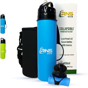 Collapsible Water Bottles Set- 600ml Silicone BPA-Free Leak-Proof Lid Travel Bottles with Sleeves - Reusable Lightweight Foldable Bottle for Travel Hiking Gym Beach Essentials (Green)