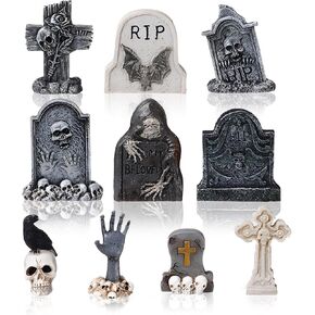 10 Packs Miniature Tombstones Spooky Halloween Village Accessories Cross Skull RIP Graveyard Tombstones for Terrarium Haunted Halloween Mini Garden House Graveyard Scene Diorama Crafts