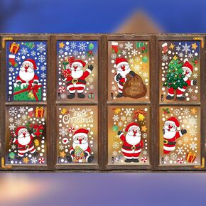 8 Sheets Christmas Window Clings Stickers, Xmas Window Decal Waterproof Double Sided Santa Claus Window Decorations for Glass Windows Home Shop School Holiday Party Supplies
