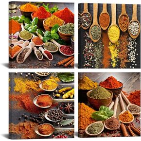 HOMEOART Kitchen Pictures Wall Decor 4 Piece Set Colorful Spices and Spoon Painting Canvas Wall Art Prints Framed Ready to Hang 12"x12"x4 Panels Dining Room Restaurant Home Wall Decor