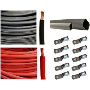 WNI 1/0 AWG 1/0 Gauge 5 Feet Black + 5 Feet Red Battery Welding Pure Copper Ultra Flexible Cable + 5pcs of 5/16" & 5pcs 3/8" Copper Cable Lug Terminal Connectors + 3 Feet Heat Shrink Tubing