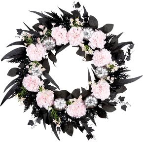 National Tree Company Artificial Pretty Morbid Pink Carnation Halloween Wreath, Black, Silver Pumpkins, 26inch