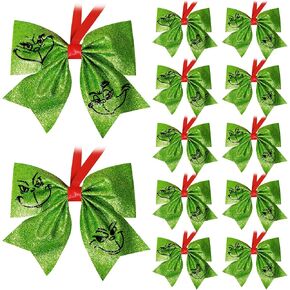 Grinchmas Christmas Tree Decorations Indoor: 12pcs Cute Green Christmas Tree Bows with Funny Expressions, Glitter Hanging Bows Xmas Ornaments Decor for Tree Garland Fireplaces, Kids Home School Office