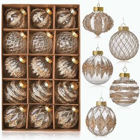 15 Pack Clear and Champagne Glitter Christmas Ball Ornaments(3.15 in/80 mm), Handmade Rustic Farmhouse Christmas Ornaments Set, Champagne Gold Shiny Christmas Tree Ornaments