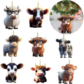 8 PCS Hanging Highland Cow Decorative Ornaments, Acrylic Cow Ornament,Highland Cow Christmas Tree Ornaments, Highland Cow Pendants for Holiday Parties, Home Cars Backpack Decor