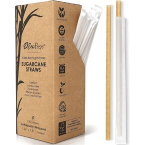 Biodegradable Sugarcane Straws, Compostable Individually Wrapped Straws | 100 Count, 100% Plastic-Free, Eco-Friendly Drinking Straws | 7.8" Sugar Fiber Disposable Straws, Packed in Paper Wrap