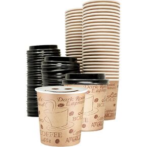 4 Ounce Disposable Espresso Paper Cups with Black Lids - 50 Sets - Print - Small Portion Sample Shots (50, print)