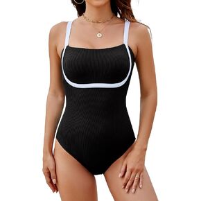 Blooming Jelly Women's One Piece Swimsuit Modest Bathing Suit Color Block Ribbed Swim Suit Slimming Square Neck Swimwear
