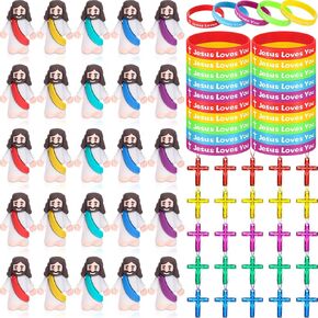 Barydat 75 Pcs Jesus Toys Set 25 Mini Jesus Figurines Little Jesus Figures 25 Jesus Loves You Silicone Wristbands 25 Religious Crystal Cross Necklace Baby Jesus for Church Sunday School Baptism Gift