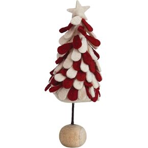 Creative Co-Op 5" Round x 13" H Handmade Wool Felt Tree w/Star & Wood Ball Base, White & Red