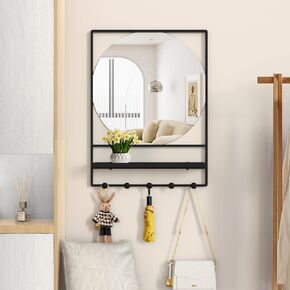 WONSTART Wall Mirror with Shelf and Hooks,Vanity Mirror with Hook,21 * 28in Metal Framed Bathroom Mirror with Shelf, Decorative Mirror for Bathroom, Entryway, Bedroom, Living Room (Black, 21 x 28)