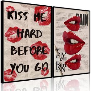 QGNBGBJ 2Pcs Fashion Canvas Wall Art Trendy Preppy Wall Decor Funky Red Lips Posters Retro Newspaper Picture Prints College Girls Aesthetic Room Decor Y2K Girly Dorm Bedroom Decor Unframed(12x16in)