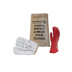 Class 0 Red Rubber Voltage Insulating Glove Kit with Leather Protectors, Max. Use Voltage 1,000V AC/ 1,500V DC, KITGC0R10
