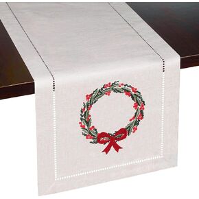 Holiday Wreath Embroidered Christmas Table Runner - Perfect for Rustic Christmas Decor, Farmhouse Decor, and Winter Christmas Decorations - Hemstitch, Natural Beige (13 x 108 Inches Long)