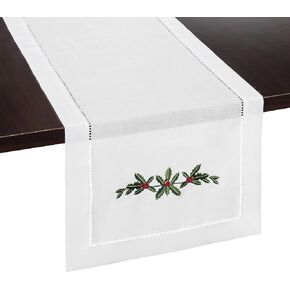 Holly Garland Embroidered White Christmas Table Runner - Ideal for Christmas Decor, White Christmas Decorations, Winterberry Holiday Decor and Winter Farmhouse Decor (14 x 108 Inches Long)