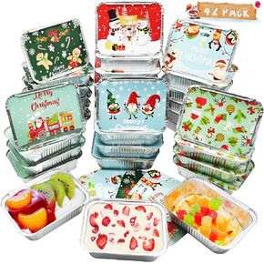 CAMIRUS 42PCS Christmas Foil Containers with Lid, Christmas Leftover Containers Santa Disposable Aluminum Pans with Lids Aluminum Food Containers Storage for Baking, Christmas Party, Cooking