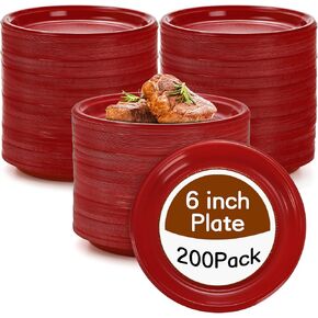 Coloch 200 Pieces 6 Inch Red Disposable Plates, Plastic Dessert Plates Bulk Round Party Plates Multi-Purpose Appetizer Plates for Cake, Dessert, Fruit, Barbecue, Party, Picnic, Wedding