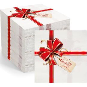 100 Pieces Christmas Paper Napkins Gift Box Bow Xmas Guest Towels Disposable Bow Knot Merry Christmas Napkins for Christmas Eve Dinner Party Wedding Bathroom Hand Towels Supplies